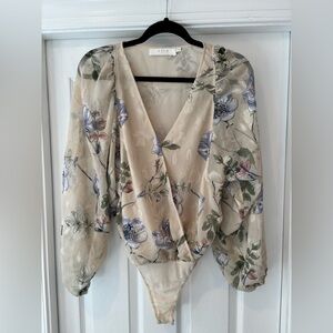 Astr Sheer Floral Blouse - Cream and Blue
